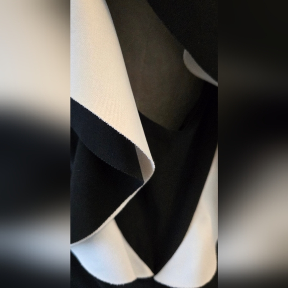 Lauren R.L. black stretch side-rouched midi dress flutter-sleeve w/white sz 10 - Picture 6 of 9